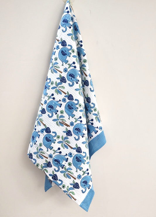 Blue Elephant Block Printed Bath Towels